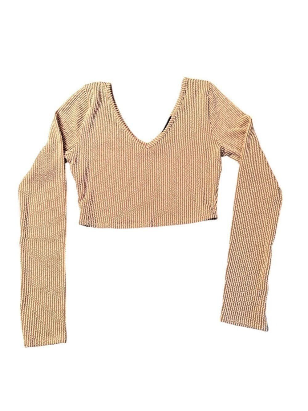 Brown Ribbed V Neck Crop Top Medium